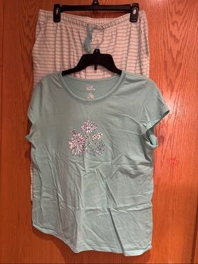 Croft & Barrow, teal green pajama striped capri pant set, medium